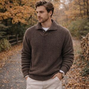 St. Johns Bay Men's Shawl Collar Waffle Knit Sweater Brown Pullover Casual Cozy